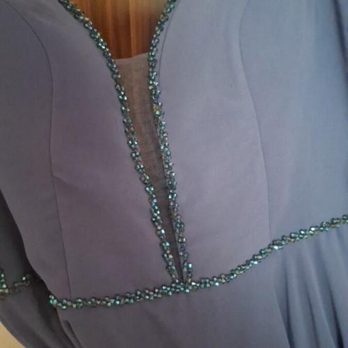 Elegant long boutique dress, dark blue satin