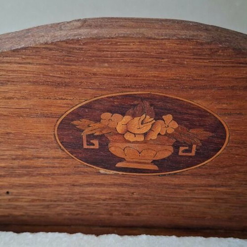 Bedside table made of oak wood with marquetry and marble top used