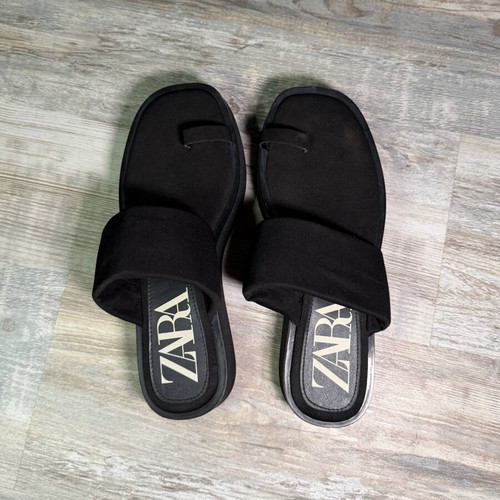 Zara slip-on sandals black fabric strap toe loop flat mules EU 40