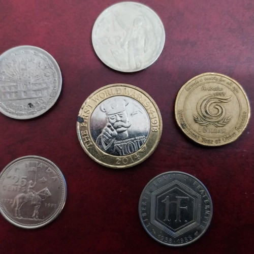 Set of 6 commemorative coins from France, UK, USSR, Canada, Australia, Argentina