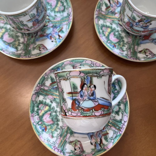 Vintage Chinese Famille Rose Medallion porcelain coffee espresso set like new