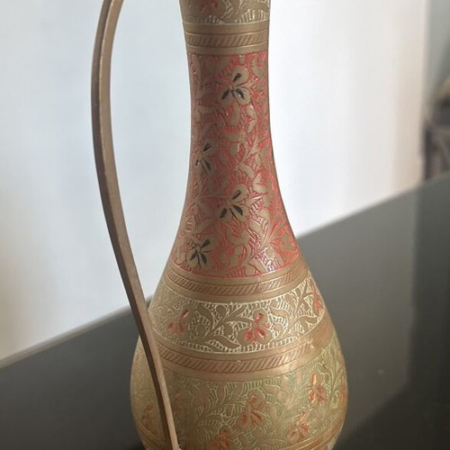 Vintage Hand Engraved Brass Vase with Colored Enamel from India like new