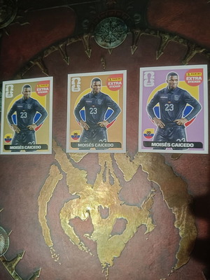 Πακέτο 3 extra αυτοκόλλητα Panini World Cup Caicedo, χρυσό, μπρονζέ, μωβ