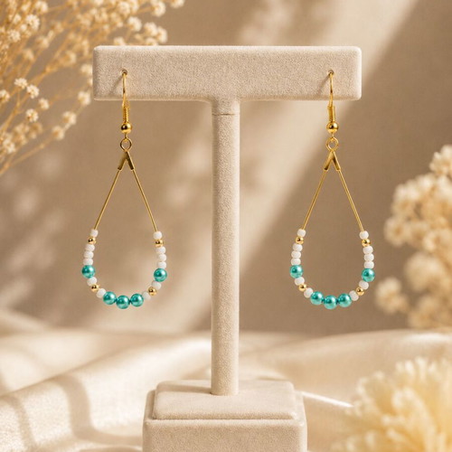Teardrop Breeze Handmade Earrings with Turquoise and White Beads