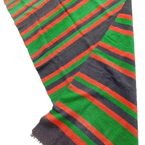 Vintage Bulgarian rug with colorful horizontal stripes and fringes like new