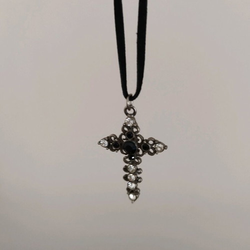 Carved vintage cross with rhinestones used and velvet strap