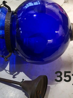 Glass ceiling light like new, blue with copper details