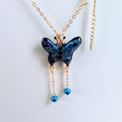 Handmade butterfly necklace blue new with gold chain