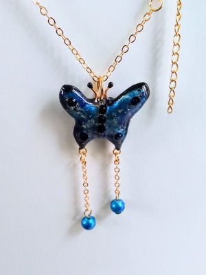 Handmade butterfly necklace blue new with gold chain