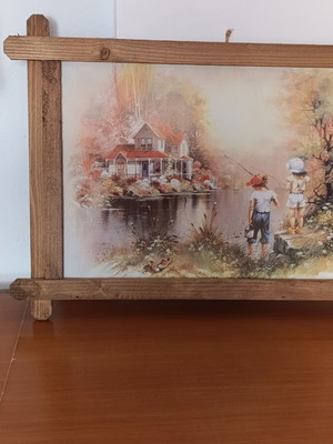 Vintage framed painting with children fishing
