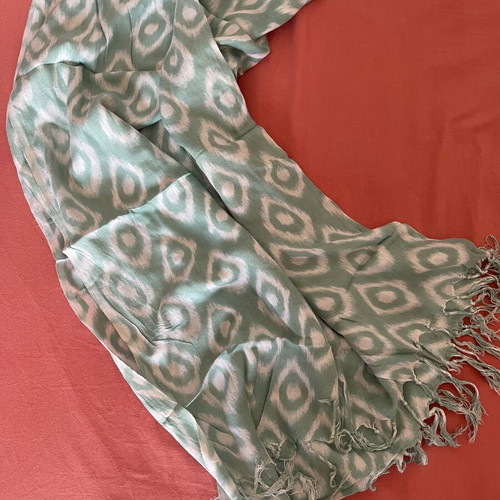 Pashmina scarf used, mint green and white with ikat pattern