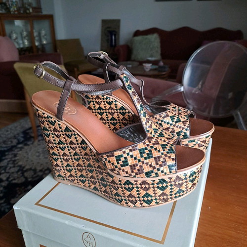 Ash platform sandals used, leather and straw, size 37