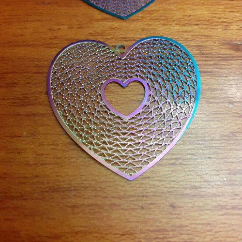 Filigree heart charms new, 2 iridescent hanging pieces