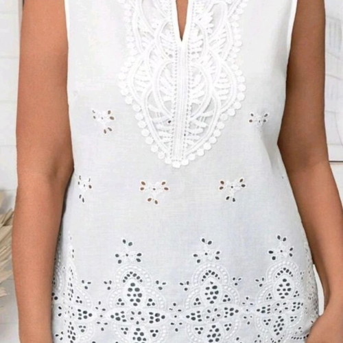 White sleeveless blouse new, romantic boho style with eyelet embroidery