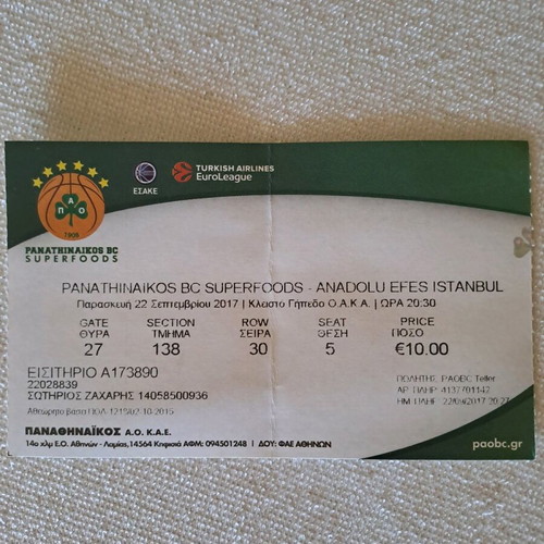 Panathinaikos basketball ticket 2017 like new