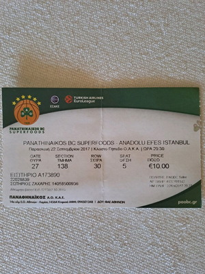 Panathinaikos basketball ticket 2017 like new