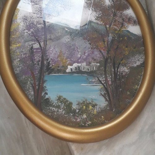 Oval painting on silk fabric with frame and glass new