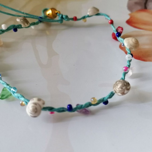 Handmade anklet new with shells, colorful beads and turquoise waxed thread