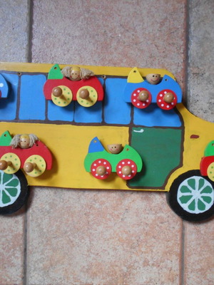 Wooden wall hanger used, ten hooks school bus 68x32 cm