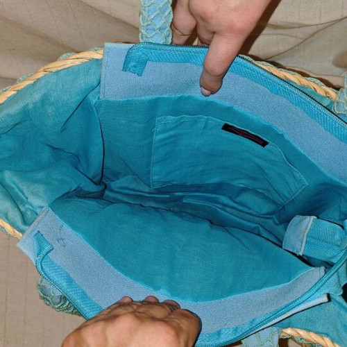 Summer straw handbag like new with blue handmade details