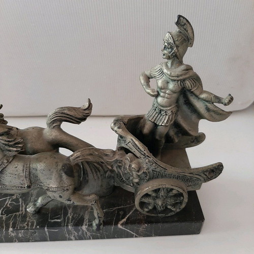 Italian decorative piece used, marble base, chariot scene with Roman soldier