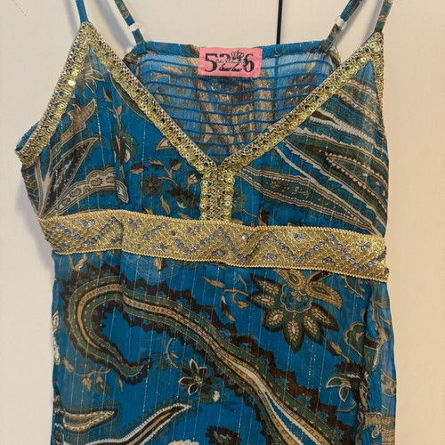 Celia Kritharioti 5226 vintage mini dress blue gold shiny, like new