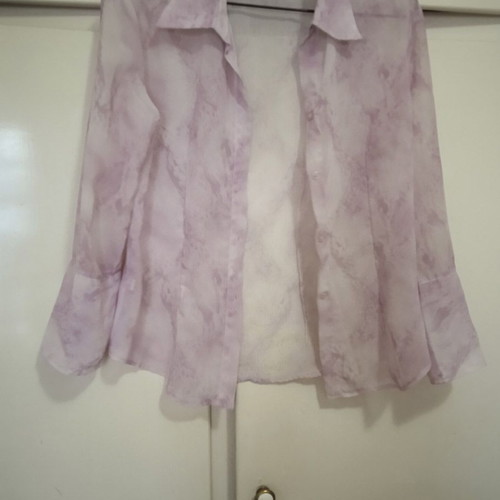 Sheer blouse in soft purple with abstract designs, like new, size M