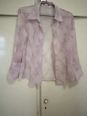 Sheer blouse in soft purple with abstract designs, like new, size M