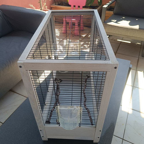 Wooden birdcage used with steel bars and plastic door