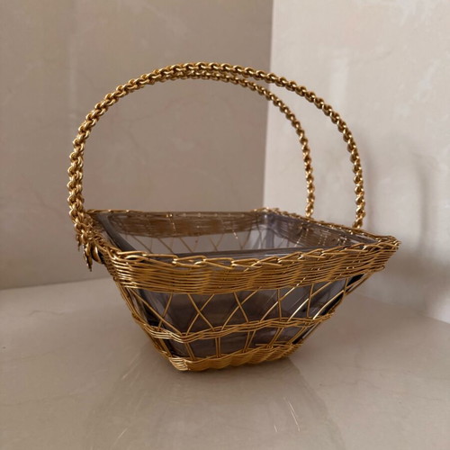 Decorative basket like new with metal mesh and glass bowl