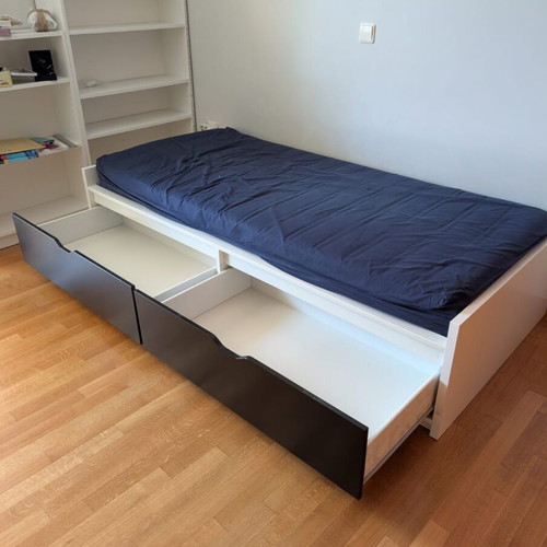 Bed frame with 2 storage boxes, like new