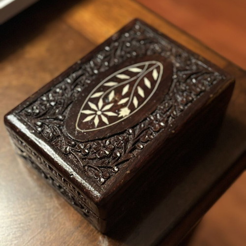 Handmade carved wooden jewelry box like new with velvet lining