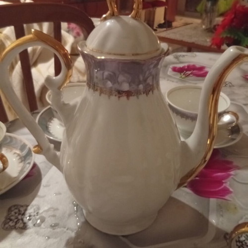 Porcelain vintage luxury tea set, 8 pieces, white and light blue