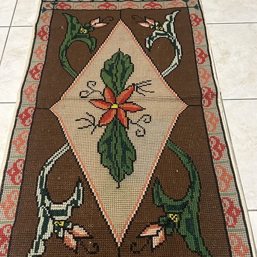 Vintage handmade traditional cross-stitch rug used, 117x53cm