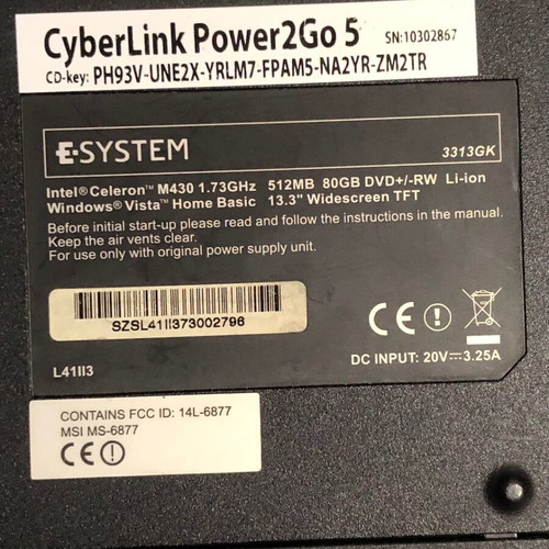 E-System 3313GK Laptop used for parts, 13.3'' screen