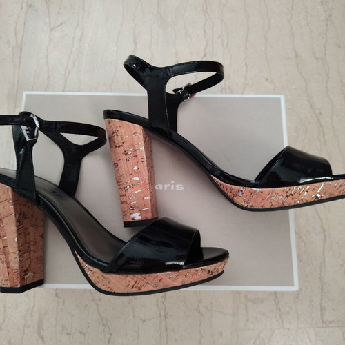 Tamaris high-heeled sandals, black patent with beige and silver platform