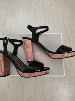 Tamaris high-heeled sandals, black patent with beige and silver platform