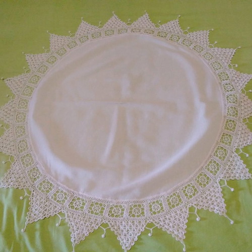 Handmade crocheted round tablecloth used with butterfly lace No 40