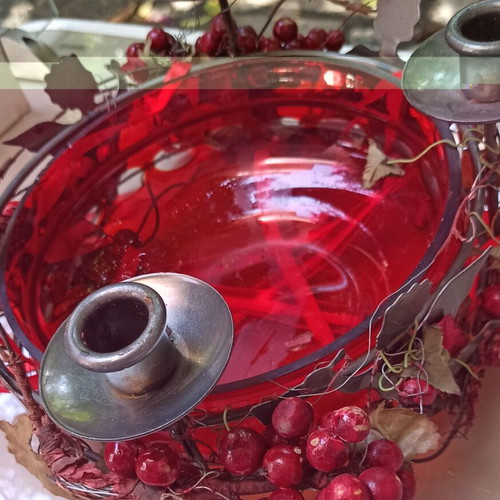 Metal Table Candlestick with 4 Candle Holders and Red Glass Bowl like new