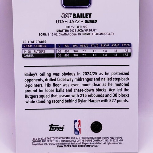 Ace Bailey 2025-26 Topps Chrome Basketball Rookie Card RayWave Yellow parallel like new