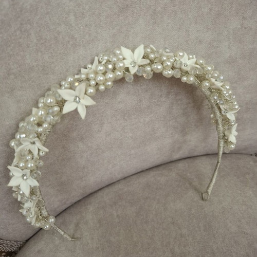 Bridal headband with Swarovski stones, pearls and porcelain flowers
