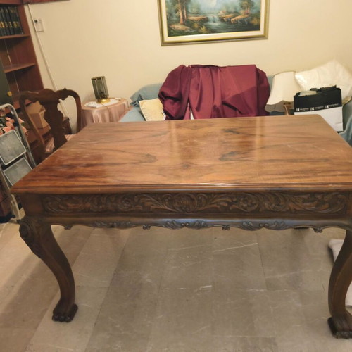 Vintage carved handmade dining table, solid walnut 1952