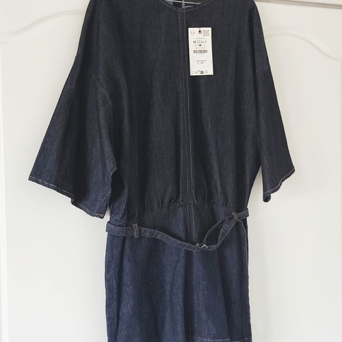 Zara Dark Blue Denim Mini Dress with Kimono Sleeves and Belt Size M New