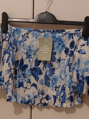 H&M Cropped Off Shoulder Τοπ Καινούργιο, λουλουδάτο, medium, μπλε αποχρώσεις
