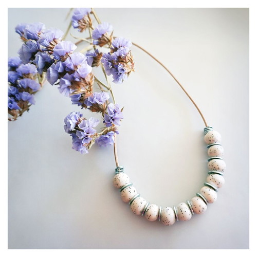 Handmade necklace with polymer beads and leather cord, new