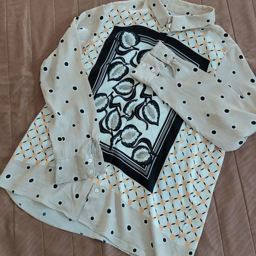 Silk women's shirt like new with geometric and leaf pattern