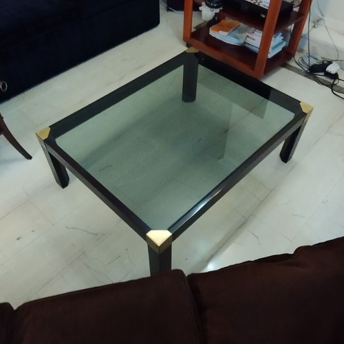 Varagkis walnut coffee table like new with brass details and smoked glass