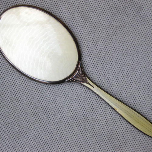 Hand mirror used, enamel and bijouterie