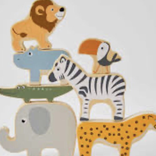 Montessori stacking and balancing game with 7 wooden animal figures