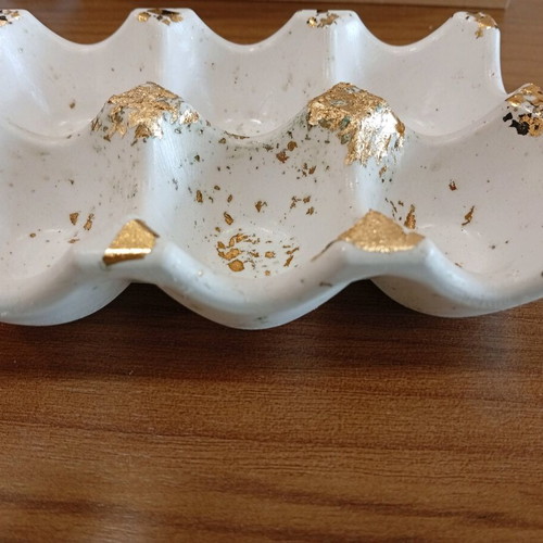 Handmade porcelain egg holder with gold leaf decoration, new